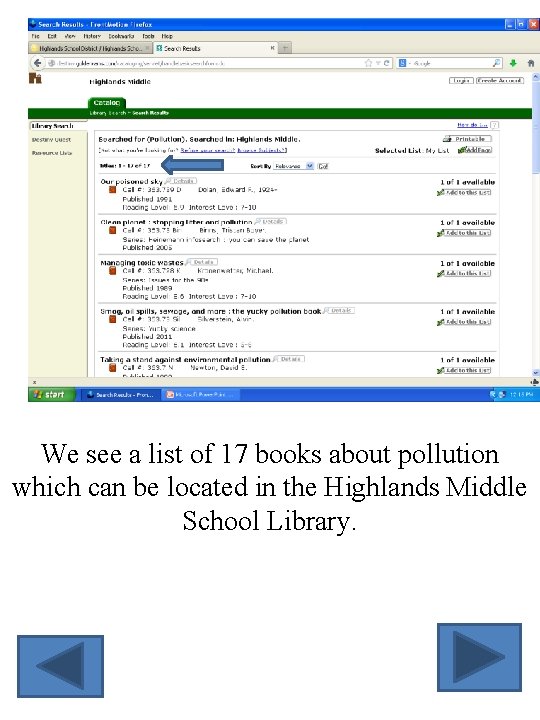 We see a list of 17 books about pollution which can be located in