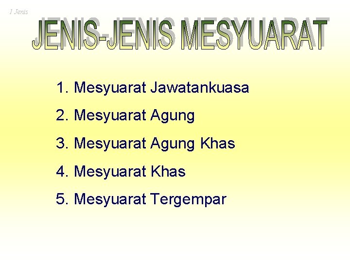 1 Jenis 1. Mesyuarat Jawatankuasa 2. Mesyuarat Agung 3. Mesyuarat Agung Khas 4. Mesyuarat