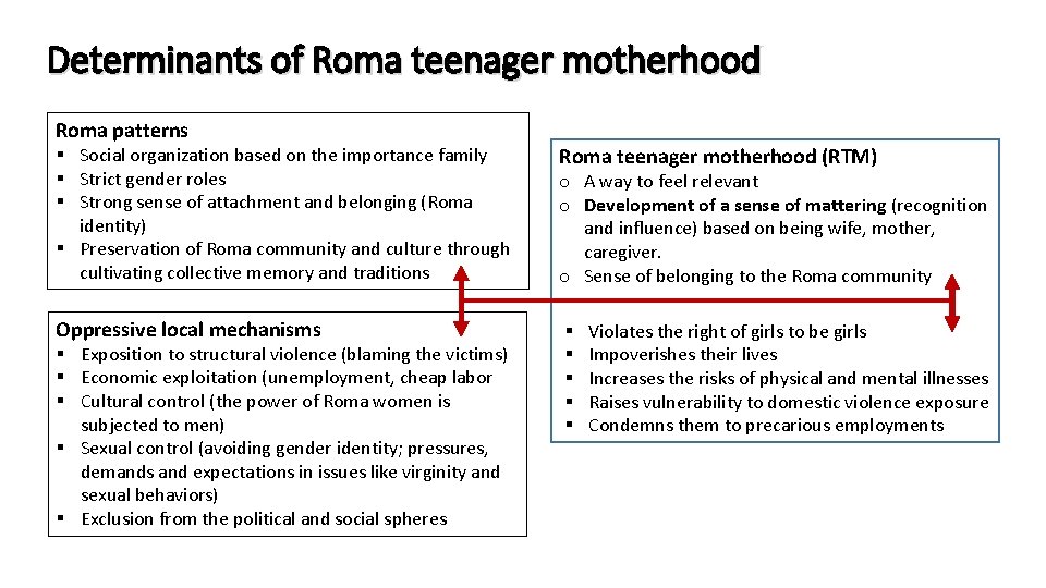 Determinants of Roma teenager motherhood Roma patterns § Social organization based on the importance