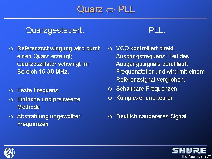 Quarz PLL Quarzgesteuert: PLL: m Referenzschwingung wird durch einen Quarz erzeugt; Quarzoszillator schwingt im