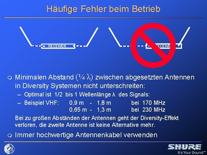 Häufige Fehler beim Betrieb RECEIVER m RECEIVER Minimalen Abstand (¼ λ) zwischen abgesetzten Antennen
