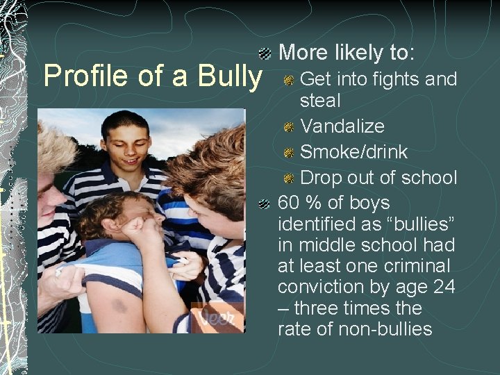 Profile of a Bully More likely to: Get into fights and steal Vandalize Smoke/drink