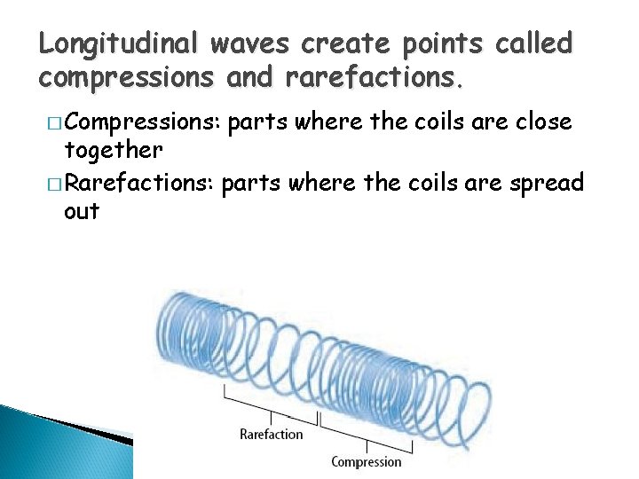Longitudinal waves create points called compressions and rarefactions. � Compressions: parts where the coils