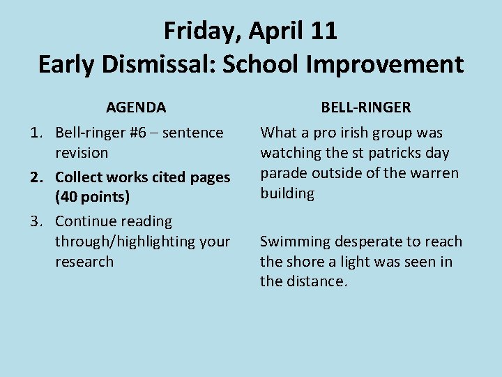Friday, April 11 Early Dismissal: School Improvement AGENDA 1. Bell-ringer #6 – sentence revision