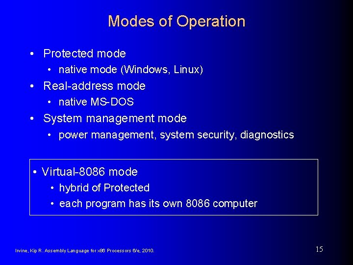 Modes of Operation • Protected mode • native mode (Windows, Linux) • Real-address mode