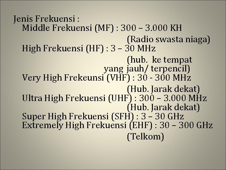 Jenis Frekuensi : Middle Frekuensi (MF) : 300 – 3. 000 KH (Radio swasta