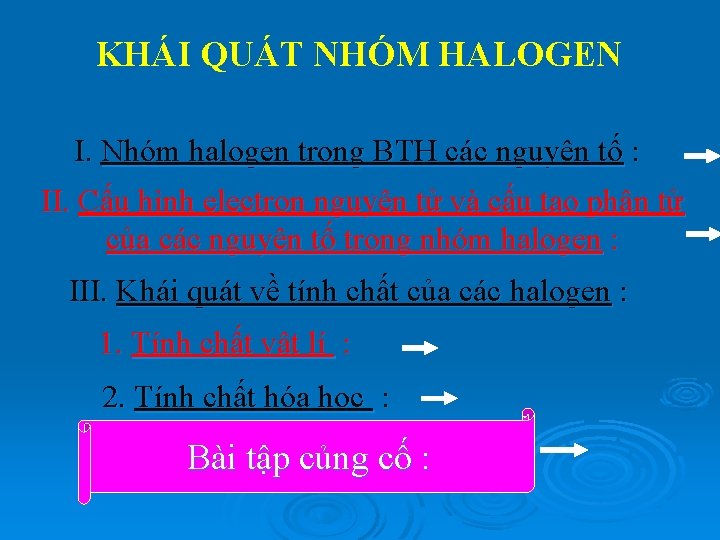 KHÁI QUÁT NHÓM HALOGEN I. Nhóm halogen trong BTH các nguyên tố : II.