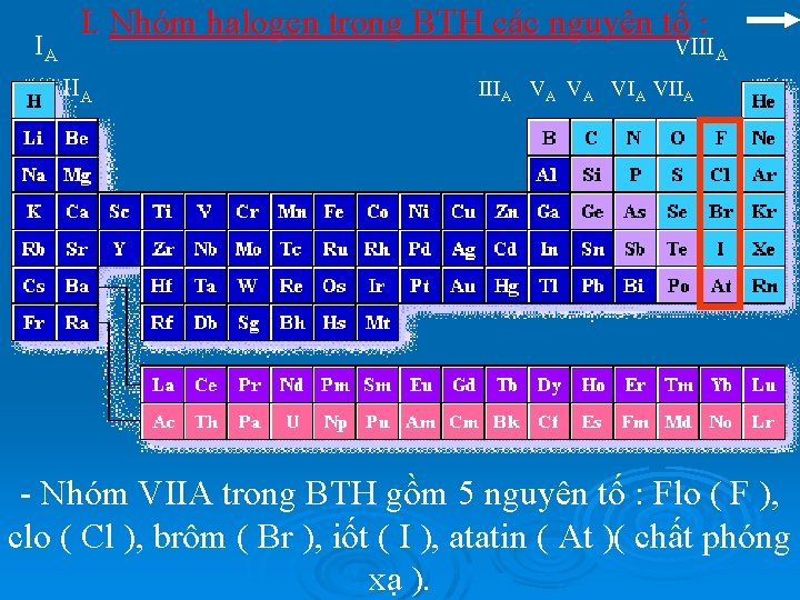 IA I. Nhóm halogen trong BTH các nguyên tố : VIIIA VA VA VIIA