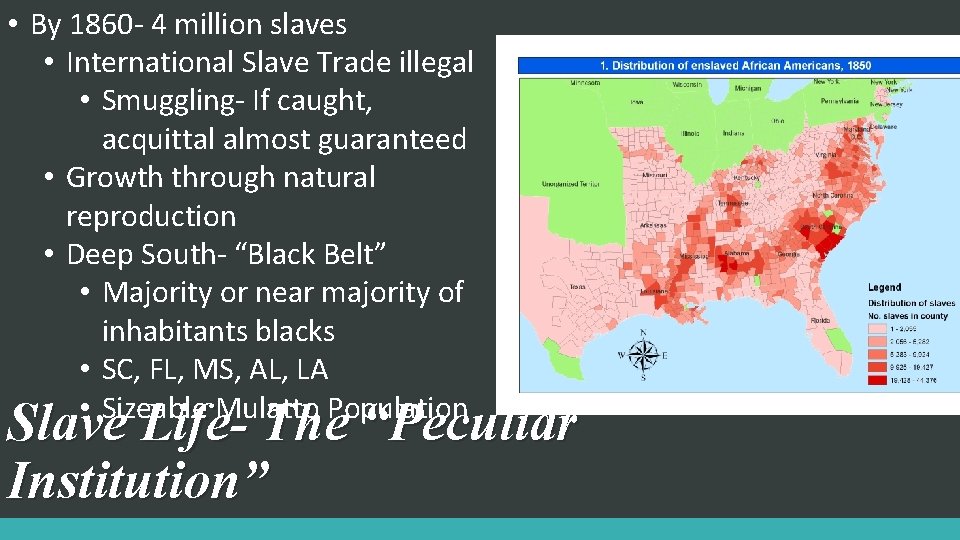  • By 1860 - 4 million slaves • International Slave Trade illegal •
