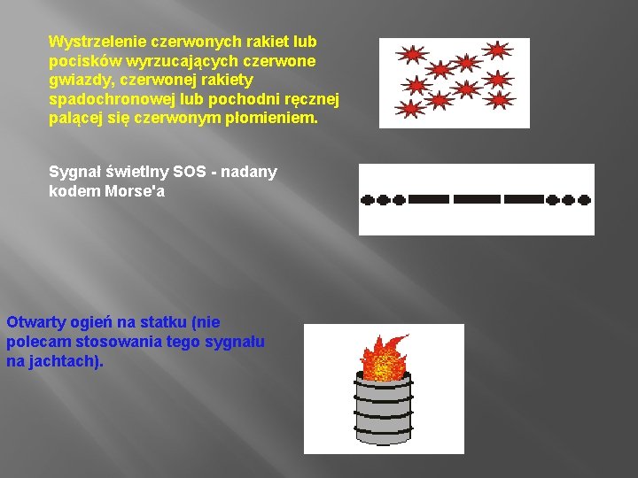 Wystrzelenie czerwonych rakiet lub pocisków wyrzucających czerwone gwiazdy, czerwonej rakiety spadochronowej lub pochodni ręcznej