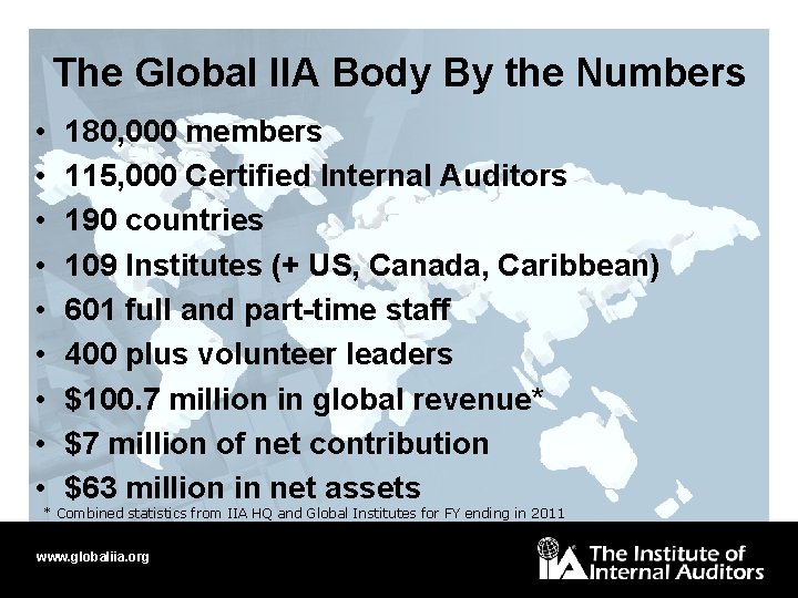 The Global IIA Body By the Numbers • • • 180, 000 members 115,
