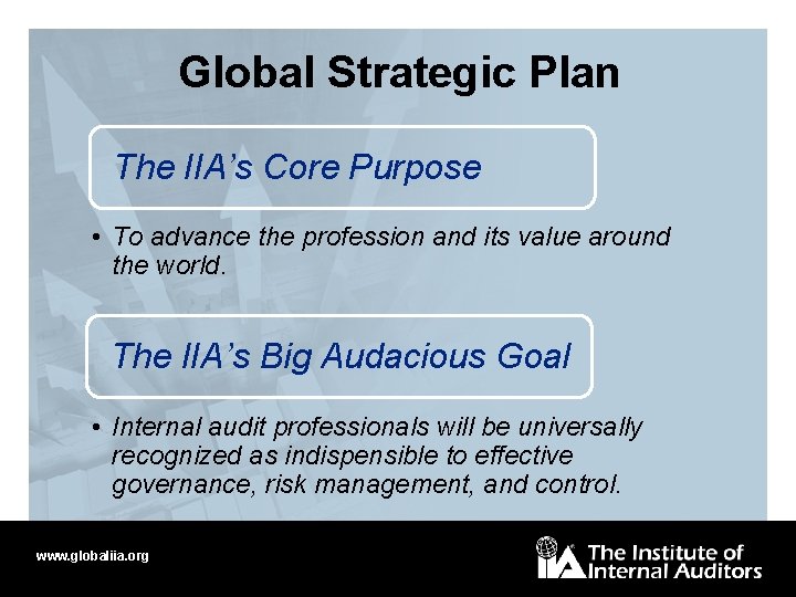 Global Strategic Plan The IIA’s Core Purpose • To advance the profession and its