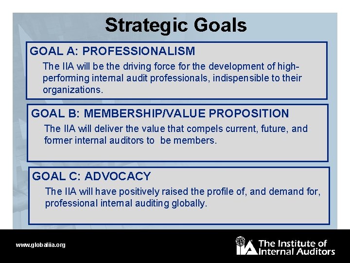 Strategic Goals GOAL A: PROFESSIONALISM The IIA will be the driving force for the