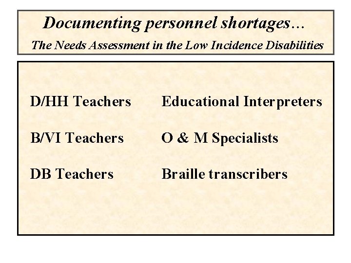 Documenting personnel shortages… The Needs Assessment in the Low Incidence Disabilities D/HH Teachers Educational