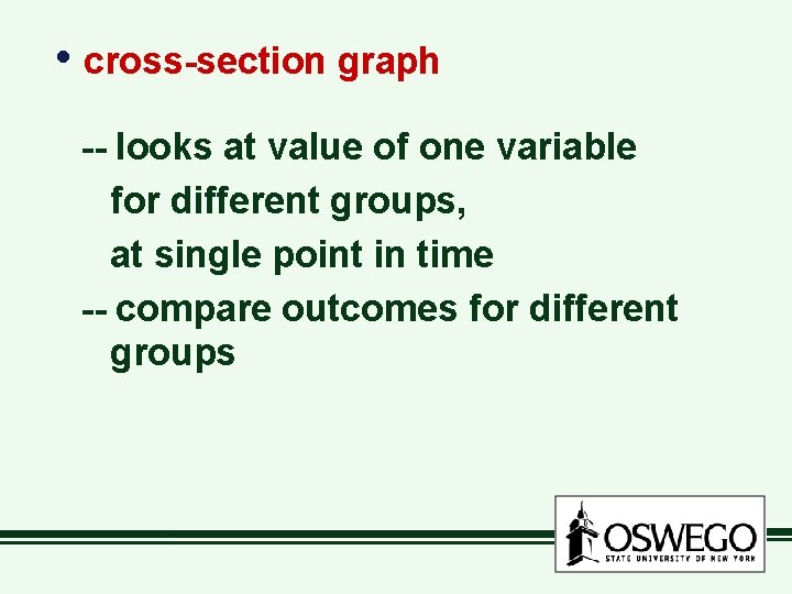  • cross-section graph -- looks at value of one variable for different groups,