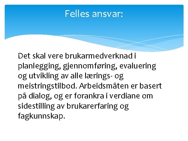 Felles ansvar: Det skal vere brukarmedverknad i planlegging, gjennomføring, evaluering og utvikling av alle