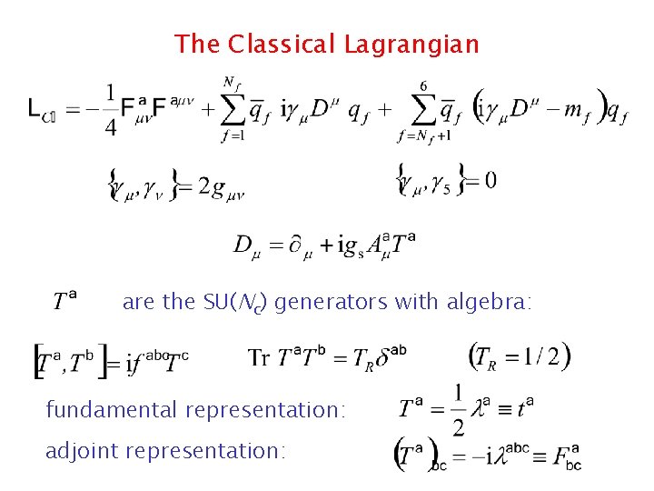 The Classical Lagrangian are the SU(Nc) generators with algebra: fundamental representation: adjoint representation: 