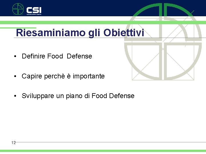 Riesaminiamo gli Obiettivi • Definire Food Defense • Capire perchè è importante • Sviluppare
