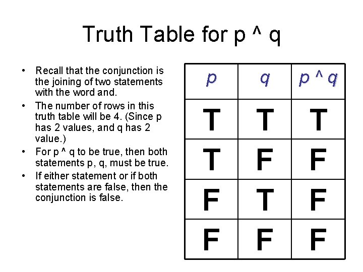 Truth Table for p ^ q • Recall that the conjunction is the joining