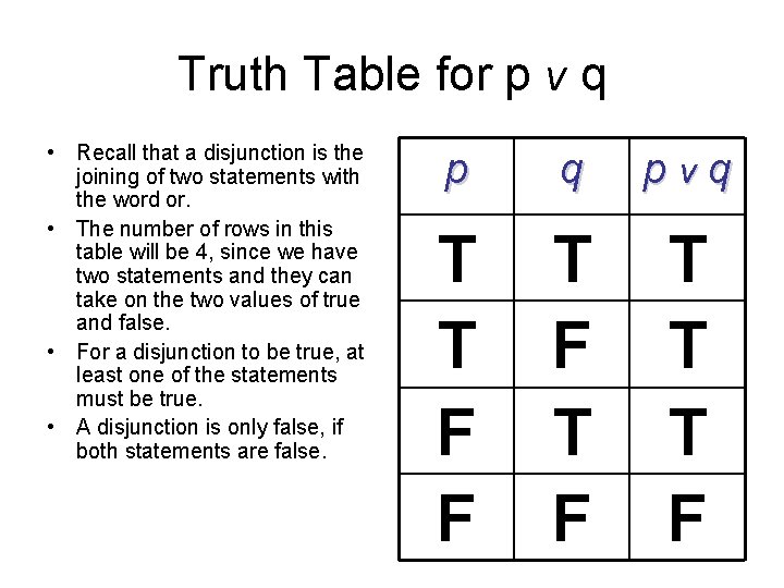 Truth Table for p v q • Recall that a disjunction is the joining