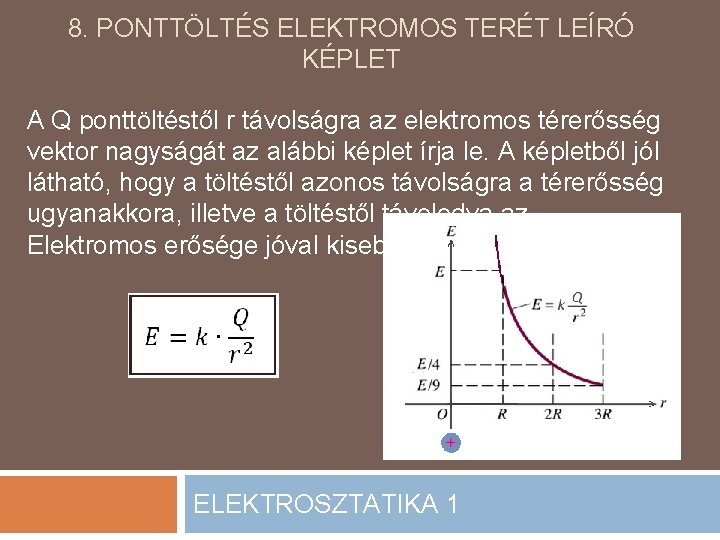 8. PONTTÖLTÉS ELEKTROMOS TERÉT LEÍRÓ KÉPLET A Q ponttöltéstől r távolságra az elektromos térerősség