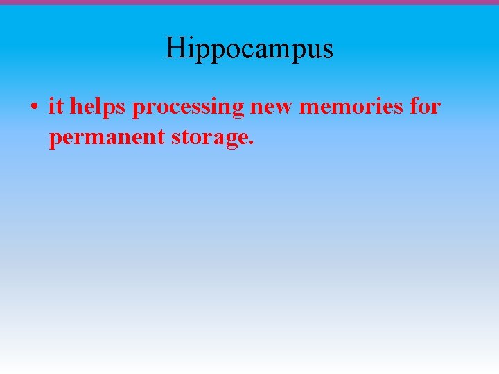 Hippocampus • it helps processing new memories for permanent storage. 