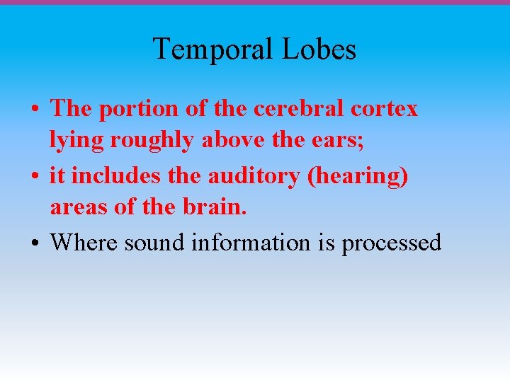 Temporal Lobes • The portion of the cerebral cortex lying roughly above the ears;