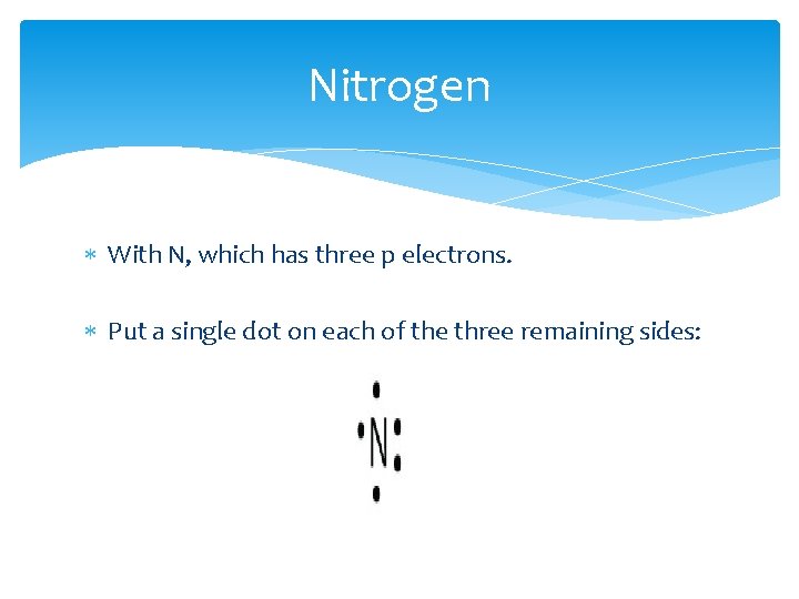 Nitrogen With N, which has three p electrons. Put a single dot on each Nitrogen With N, which has three p electrons. Put a single dot on each