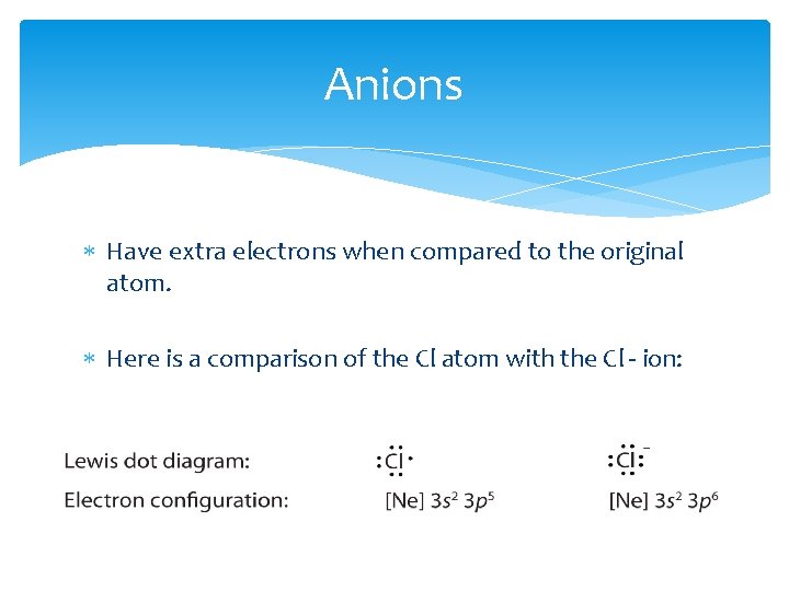 Anions Have extra electrons when compared to the original atom. Here is a comparison Anions Have extra electrons when compared to the original atom. Here is a comparison