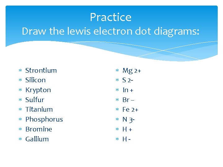 Practice Draw the lewis electron dot diagrams: Strontium Silicon Krypton Sulfur Titanium Phosphorus Bromine Practice Draw the lewis electron dot diagrams: Strontium Silicon Krypton Sulfur Titanium Phosphorus Bromine