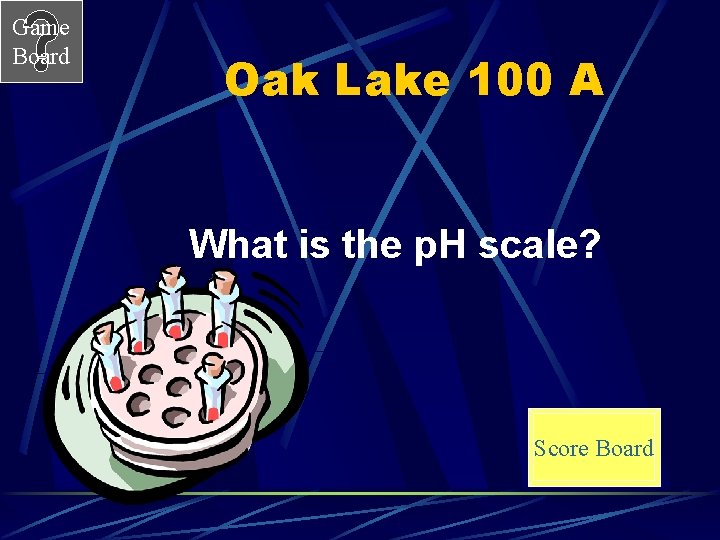 Game Board Oak Lake 100 A What is the p. H scale? Score Board