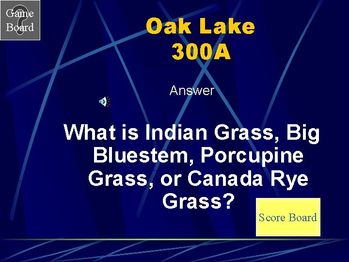 Game Board Oak Lake 300 A Answer What is Indian Grass, Big Bluestem, Porcupine