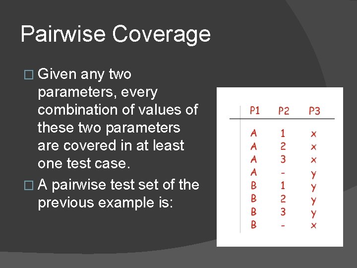 Pairwise Coverage � Given any two parameters, every combination of values of these two