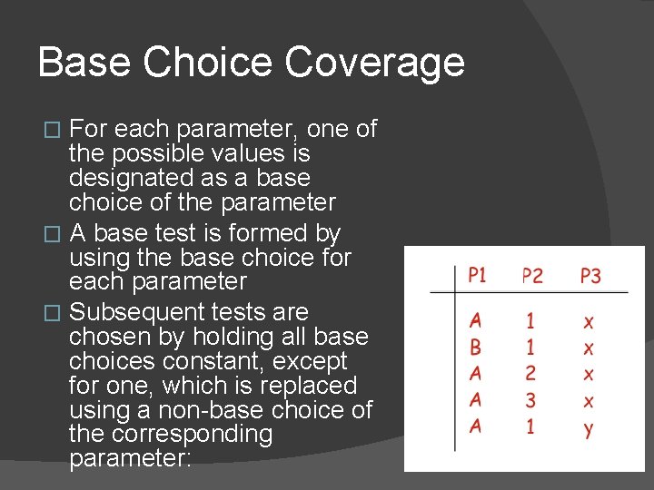 Base Choice Coverage For each parameter, one of the possible values is designated as