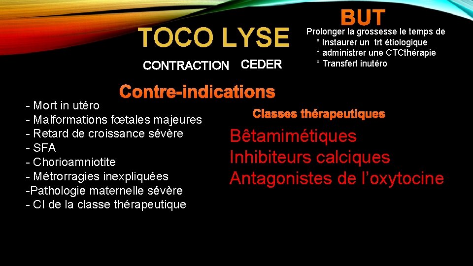 TOCO LYSE CONTRACTION CEDER BUT Prolonger la grossesse le temps de * Instaurer un