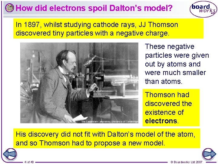 How did electrons spoil Dalton’s model? In 1897, whilst studying cathode rays, JJ Thomson
