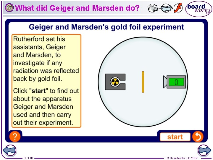 What did Geiger and Marsden do? 8 of 40 © Boardworks Ltd 2007 