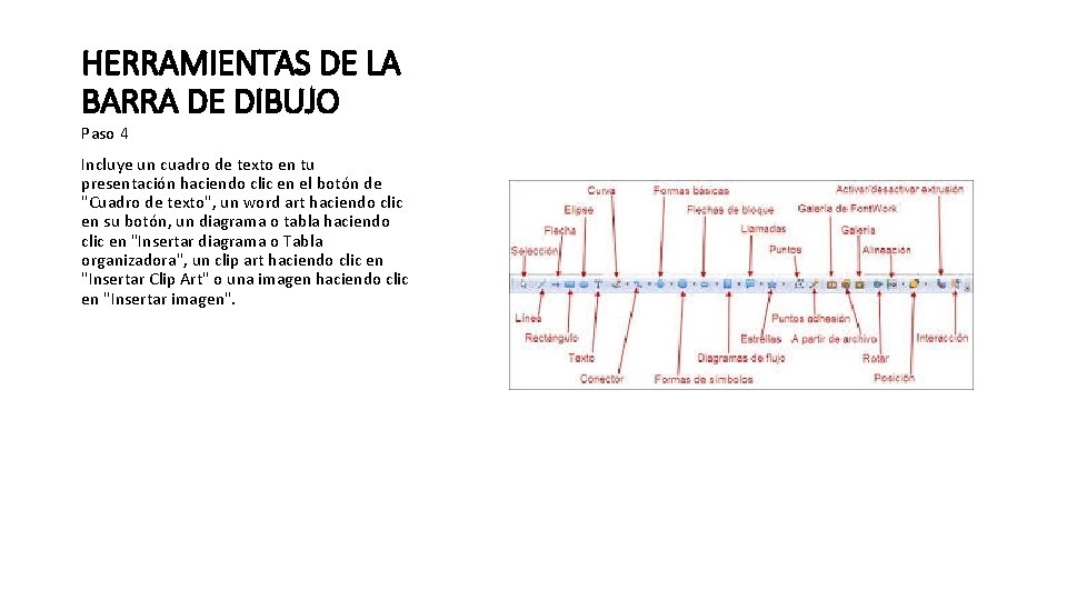 HERRAMIENTAS DE LA BARRA DE DIBUJO Paso 4 Incluye un cuadro de texto en