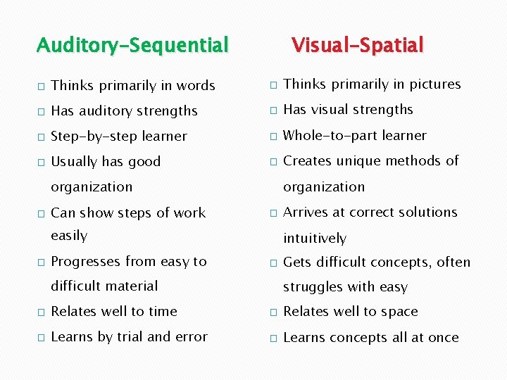 Auditory-Sequential Visual-Spatial � Thinks primarily in words � Thinks primarily in pictures � Has