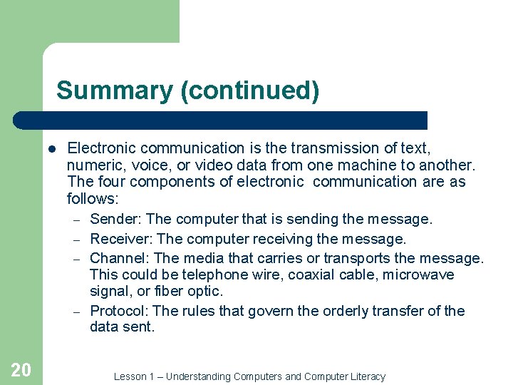 Summary (continued) l 20 Electronic communication is the transmission of text, numeric, voice, or