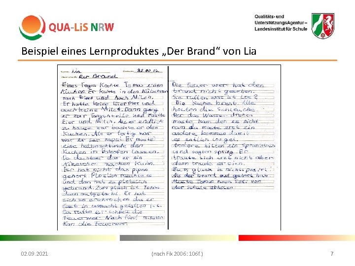 Beispiel eines Lernproduktes „Der Brand“ von Lia 02. 09. 2021 (nach Fix 2006: 106