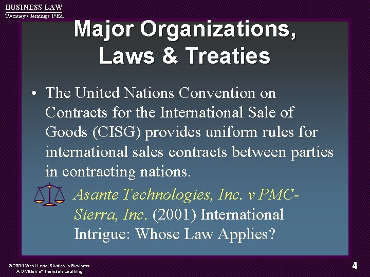 BUSINESS LAW Twomey • Jennings 1 st. Ed. Major Organizations, Laws & Treaties •