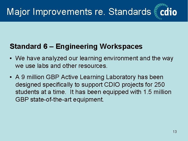 Major Improvements re. Standards Standard 6 – Engineering Workspaces • We have analyzed our