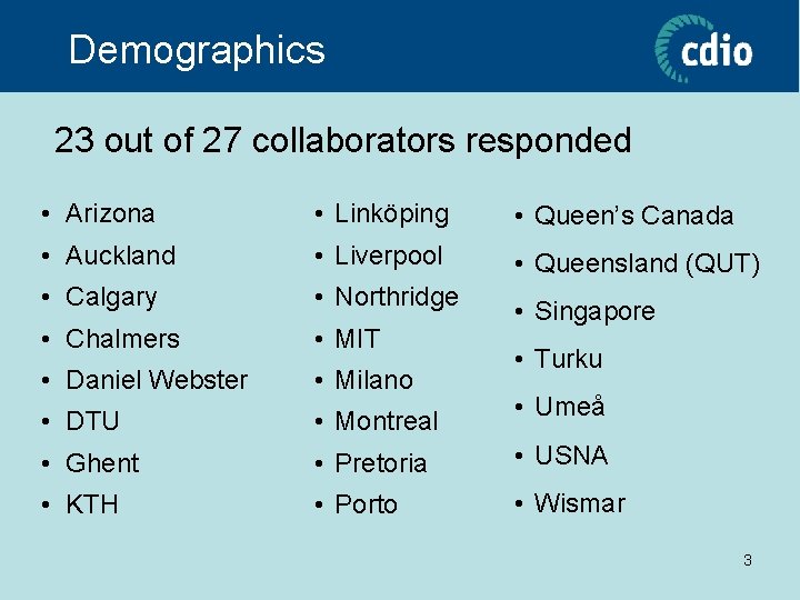 Demographics 23 out of 27 collaborators responded • Arizona • Linköping • Queen’s Canada