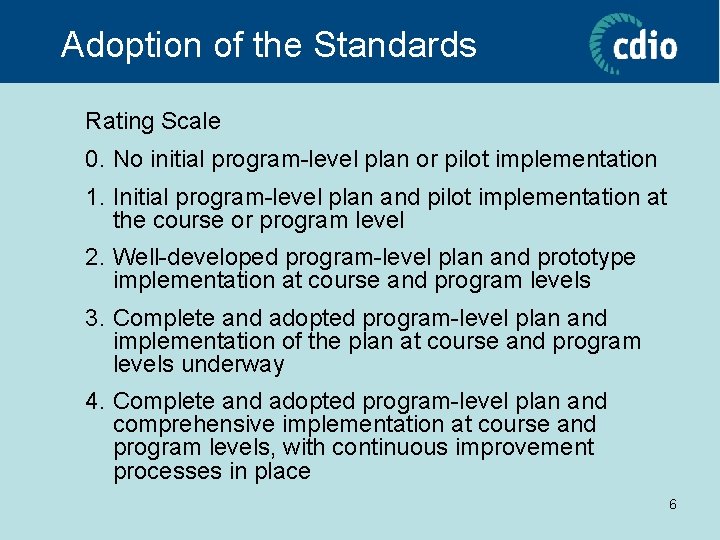 Adoption of the Standards Rating Scale 0. No initial program-level plan or pilot implementation