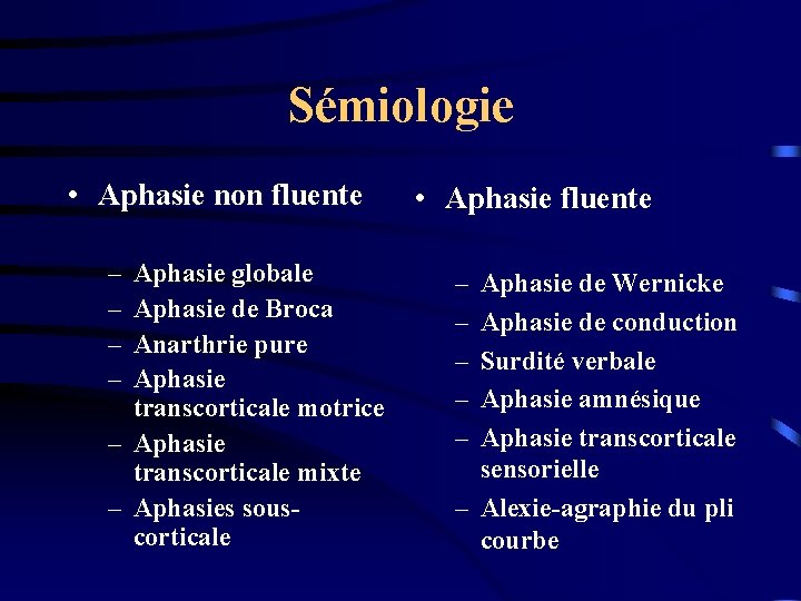Sémiologie • Aphasie non fluente – – Aphasie globale Aphasie de Broca Anarthrie pure