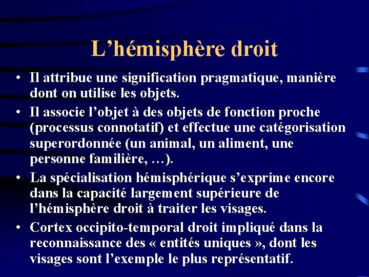 L’hémisphère droit • Il attribue une signification pragmatique, manière dont on utilise les objets.
