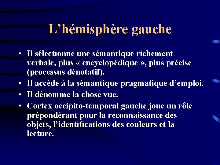 L’hémisphère gauche • Il sélectionne une sémantique richement verbale, plus « encyclopédique » ,