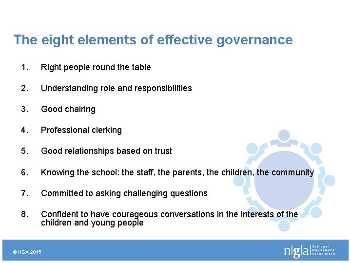 The eight elements of effective governance 1. Right people round the table 2. Understanding
