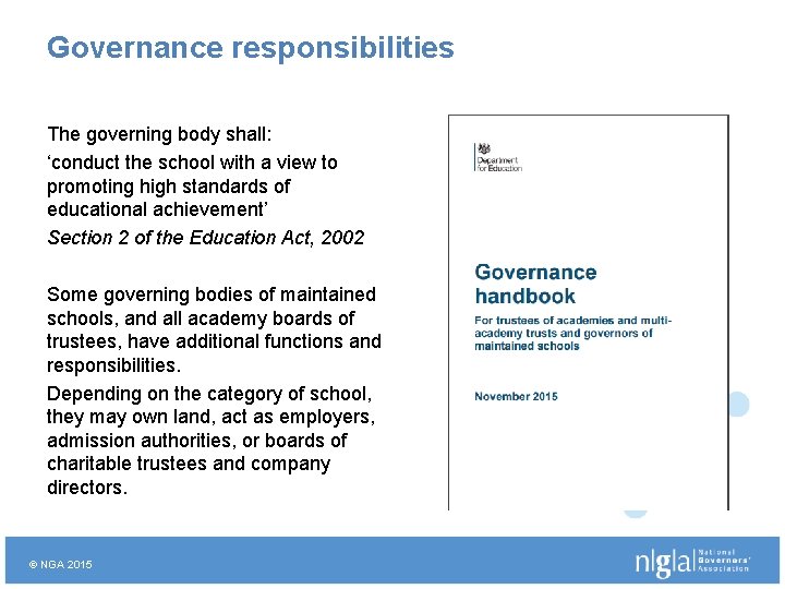 Governance responsibilities The governing body shall: ‘conduct the school with a view to promoting